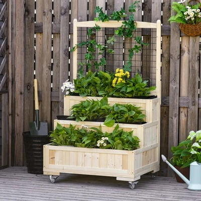 3-Tiers Wooden Raised Garden Bed with Wheels, Trellis, Back Storage Area - Image 1 of 4