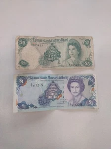 Vintage Cayman Islands 5 Dollar 1974 & 1 Dollar 2006 Schein Queen Elizabeth Währung - Bild 1 von 11