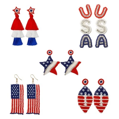 Rice Beads Red/White/Blue USA Letter Earrings Star Tassel Hand-Woven Earrings - Image 1 of 4