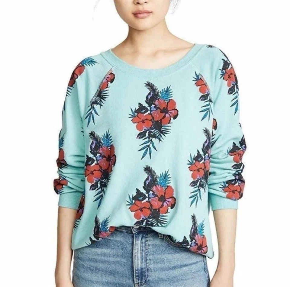 Wildfox Sweatshirt Womens XS Turquoise Hibiscus Dreams Floral Tropical Pullover - Image 1 of 4