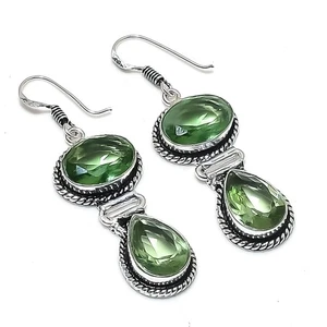 Green Amethyst Gemstone Handmade 925 Sterling Silver Jewelry Earring Size 2.4" - Picture 1 of 1