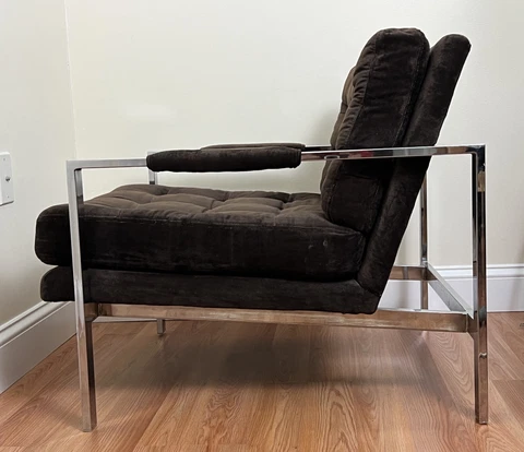 Vintage 1970s Milo Baughman Style Chrome Armchair Brown Fabric Excellent Cover