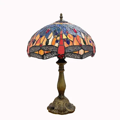 Beautiful Tiffany Table Lamp Red Dragonfly Style Stained Glass Home Decor 18"