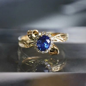 Sweety Bow Sapphire Halo Natural Diamond Child Women Ring Solid 14K Yellow Gold - Picture 1 of 6