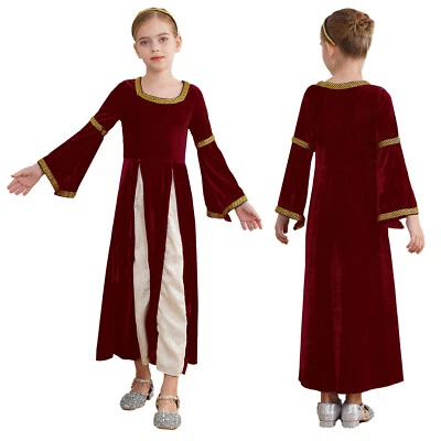 Kids Girls Dress Maxi Gown Retro Costume Opera Uniform Medieval Robe Velvet - Image 1 of 3