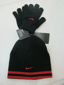 Nike Youth Boys 2 Pc. Reversible Winter Beanie Hat Gloves Set Black Red - Picture 1 of 2