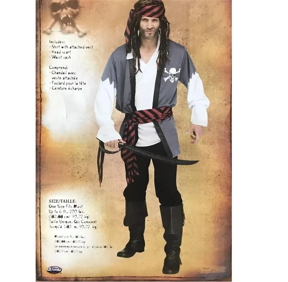 Mens Fun World PIRATE Grey Beard Buccaneer Halloween Costume OSFM Shirt Vest NWT - Image 1 of 1