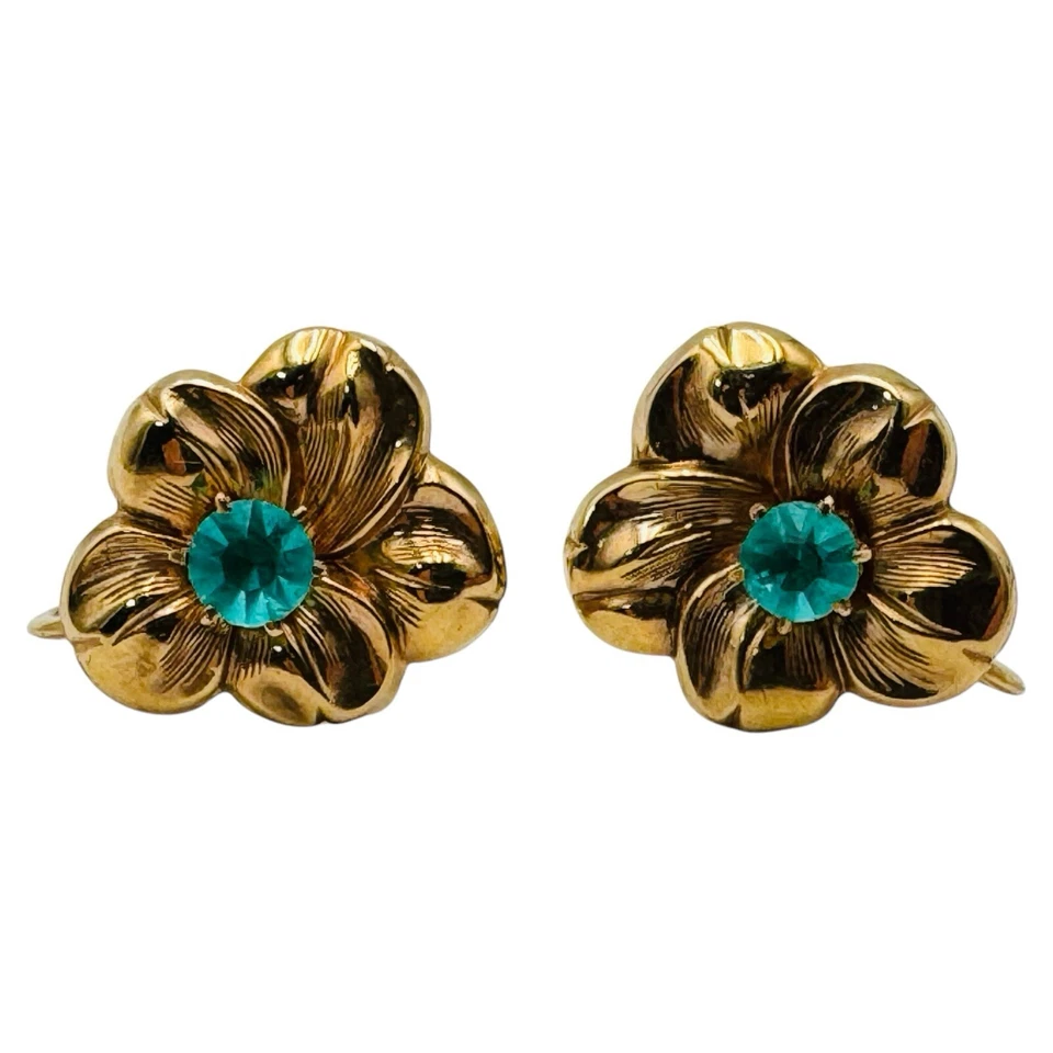 Vintage BDA 10K Yellow Gold Floral Screw Back Earrings Emerald Stones 2.2g RARE - Image 1 of 4