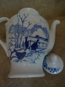 VTG Latvia White Blue Porcelain Coffee Pot Teapot Winter Christmas Birds scene - Picture 1 of 12