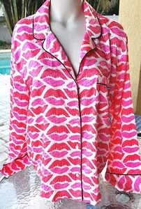 Victoria's Secret Vintage XL Satin 💋 Lips pajama Top Sleep Long Sleeve Red Pink - Picture 1 of 3