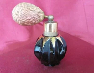 1930s ANTIQUE ART DECO MINI PERFUME BOTTLE BLACK GLASS BRONZE w/ATOMIZER PUMP - Picture 1 of 9