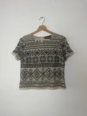 Needle & Thread Nude Sheer Black Beaded Short Sleeve Top - Sz UK 8 - Image 1 of 4