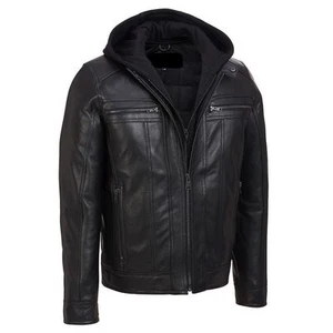 Men's Motorcycle Black Slim Fit Genuine Leather Jacket with Removable Hood - Picture 1 of 3