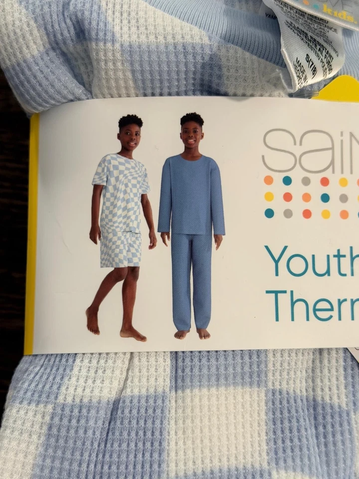Saint Eve Boys 4 Piece Thermal PJ Pajama Set Blue Checker Print Size S 7/8