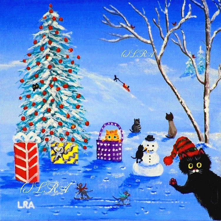 Christmas Snow Scene Cats Art Giclee Print of Painting 6x6 Creationarts - Image 1 of 1