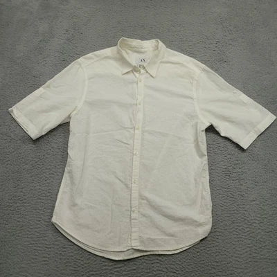Armani Exchange Mens L Shirt Off White Button Up Short Sleeve Roll Tab Casual - Image 1 of 4