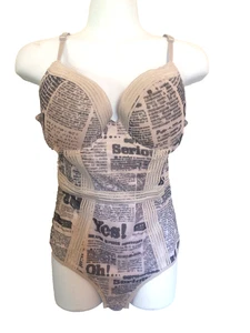 French Twist Newspaper Print Body Suit Corset Size Large - Picture 1 of 5