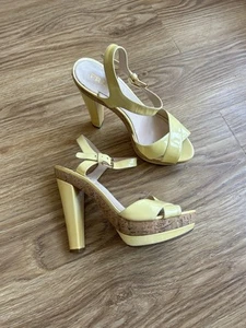 Prada Yellow Leather Ankle Strap Cork High Heels Sandal Size 39 1/2 - Picture 1 of 21