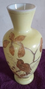 Antique Yellow Hand Painted Cased Glass Gold Birds And Branches - Picture 1 of 14