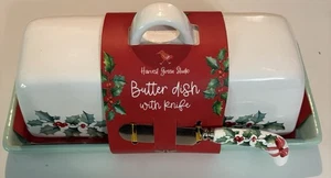 Harvest Green Studio Keramik Weihnachten Stechpalme Beere 9x4 Butterdose + Messer Neu - Bild 1 von 13