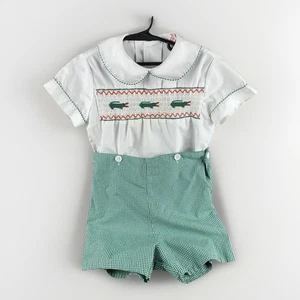 Vintage Jungen gesmoktes Hemd und Gingham Shorts bestickt Peter Pan Kragen - Bild 1 von 18
