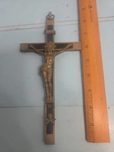 Vtg antique Ebony Brass wood Jesus skull crossbones cross pendant 9" - Picture 1 of 6