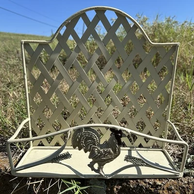 Vintage Wrought Iron Lattice Shelf Basket standing Rooster Country Farm White - Image 1 of 4