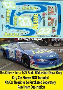 NASCAR DECAL #33 ALEVE 2001 BGN CHEVROLET MONTE CARLO TONY RAINES SLIXX 1/24 - Picture 1 of 4