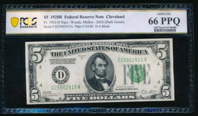 AC 1928B $5 Cleveland FRN PCGS 66 PPQ Fr 1952-D GEM UNCIRCULATED - Image 1 of 2