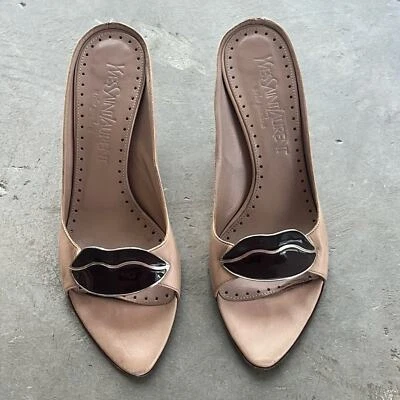 Rare Tom Ford for Saint Laurent Beige and Brown Dali Lips Mules Heels Size 37 - Image 1 of 4
