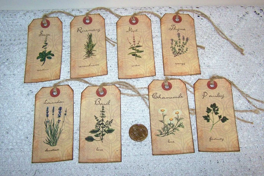 8~Spring~Primitive~Gardening~Herbs~Linen Cardstock~Gift~Hang~Tags - Image 1 of 1
