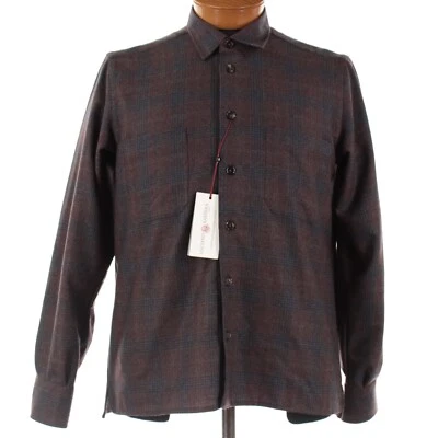 Luciano Barbera NWT 100% Wool Lightweight Overshirt Size M Burgundy/Blue Plaid - Image 1 of 4