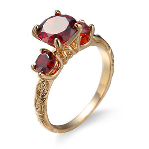 Yellow Gold Plated Rose Flower Style Natural Fire Red Garnet Woman Ring Sz 6-10