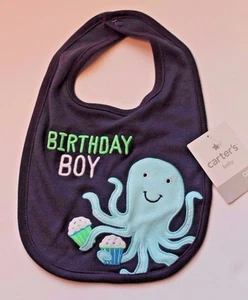 Carter's Birthday Boy Blue Octopus w/ Cupcakes One Size Baby Bib NEW - Picture 1 of 3