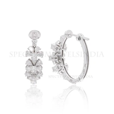 18k Solid White Gold Hoop Earrings SI/H Natural Diamond Birthday Gift 1.77 Ct. - Image 1 of 4