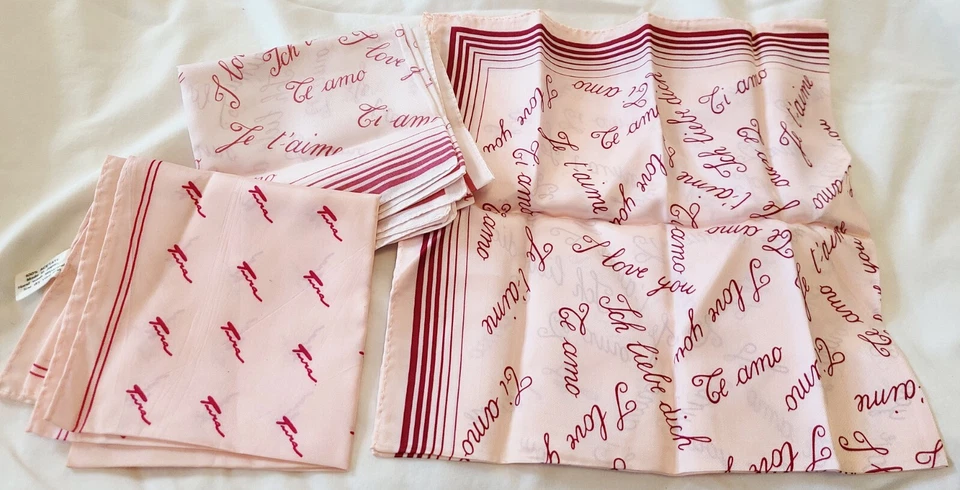 4 Vtg Acetate Tura Neck Scarfs 3 Love Language and 1 Logo Pink 21 Inch Square - Изображение 1 из 3