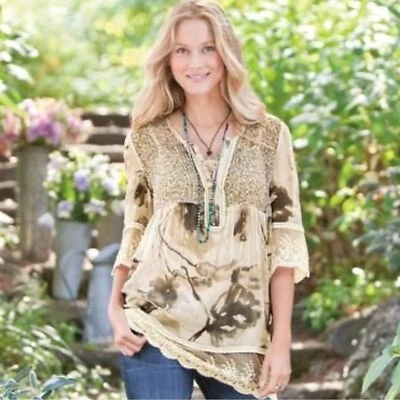 Sundance чистый цветочный 100% шелк блузка кружевной рукав нейтральный богемное - размер L - Изображение 1 из 4