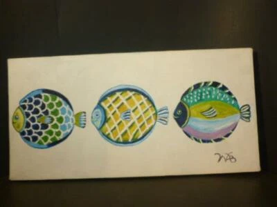 Divertida pintura tropical colorida en lienzo de peces globo 2008 8" X 16" Foto 1 de 4