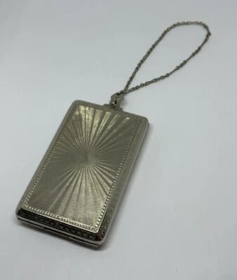 Antique Silvertone Dance Purse w/ Mirror Coin Slots Wrist Chain Sunburst Pattern - Image 1 of 4