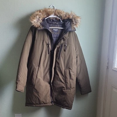 GUESS Men's Brown Puffer Coat with Faux Fur Hood Size XL - Image 1 of 4
