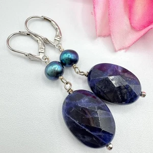 925 LUC Lucas Lameth Sodalite Teal Blue Pearl Dangle Earrings Gemstone Sterling - Picture 1 of 11