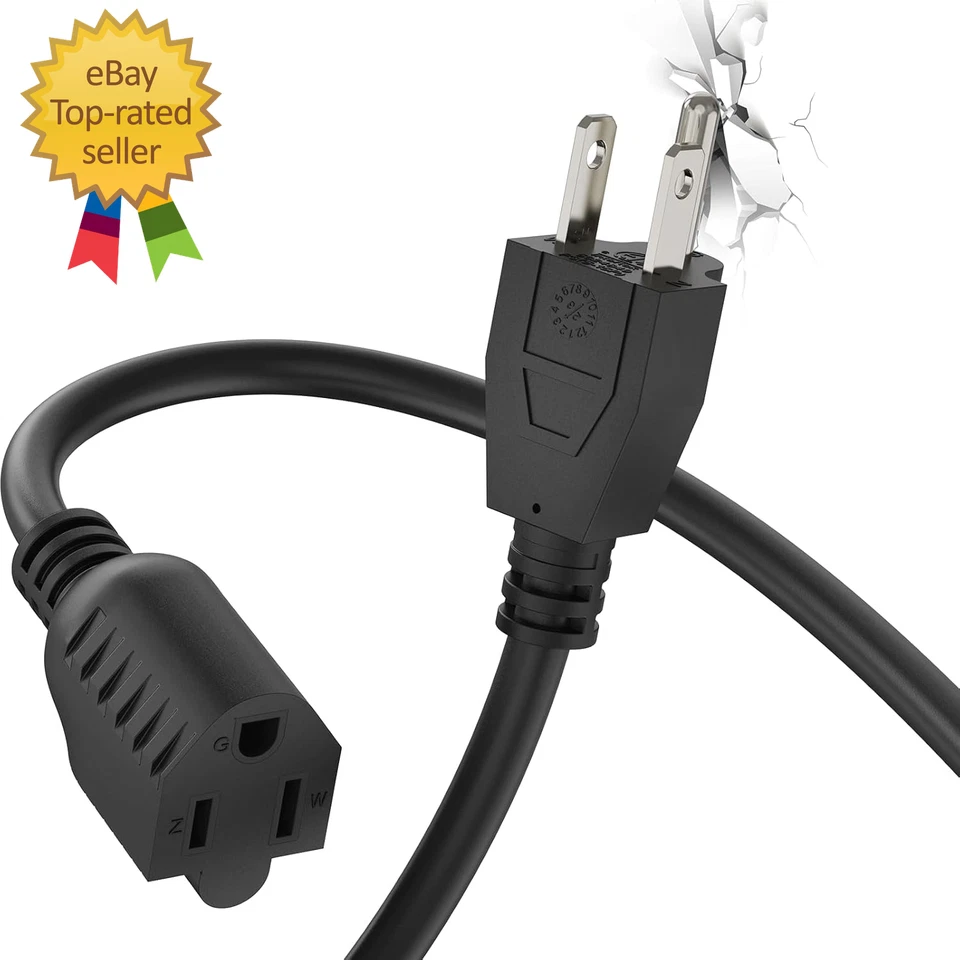 PLUGTUL 3 FT Extension Cord, Short Power Cord, Black Indoor/Outdoor 16 Gauge 3 P - Image 1 of 4