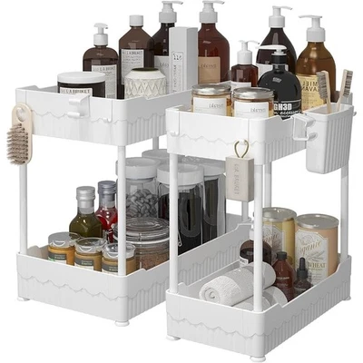 Organizador debajo del fregadero cestas de almacenamiento resistente baño cocina estante ganchos tazas EE. UU. Foto 1 de 4