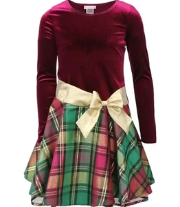 Bonnie Jean Girl Christmas Holiday Burgundy Velvet Plaid Long Sleeve Dress 12 - Picture 1 of 7