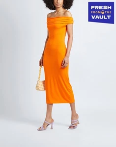RRP€180 8 Midi Bodycon Dress Size M Orange Draped Off Shoulder - Picture 1 of 6