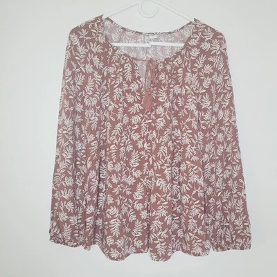 Old Navy Top Babydoll Flowy Women's Medium Brown Puff 3/4 Sleeve Tie Accent Fall - Image 1 of 4