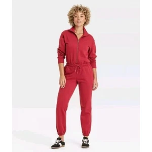NWT Universal Thread Leisure Studio Long Sleeve Fleece Jumpsuit Red Womens Sze L - Picture 1 of 8