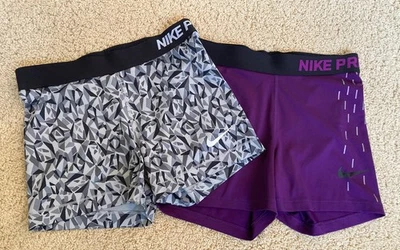 Nike Pro Mujer Pantalones Cortos Compresión Gris Púrpura Talla Mediana Lote de 2 Foto 1 de 4