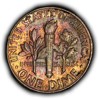 1959 10c Silver Roosevelt Dime - Pastel Rainbow Toning - BU - SKU-Z6382 - Image 1 of 4