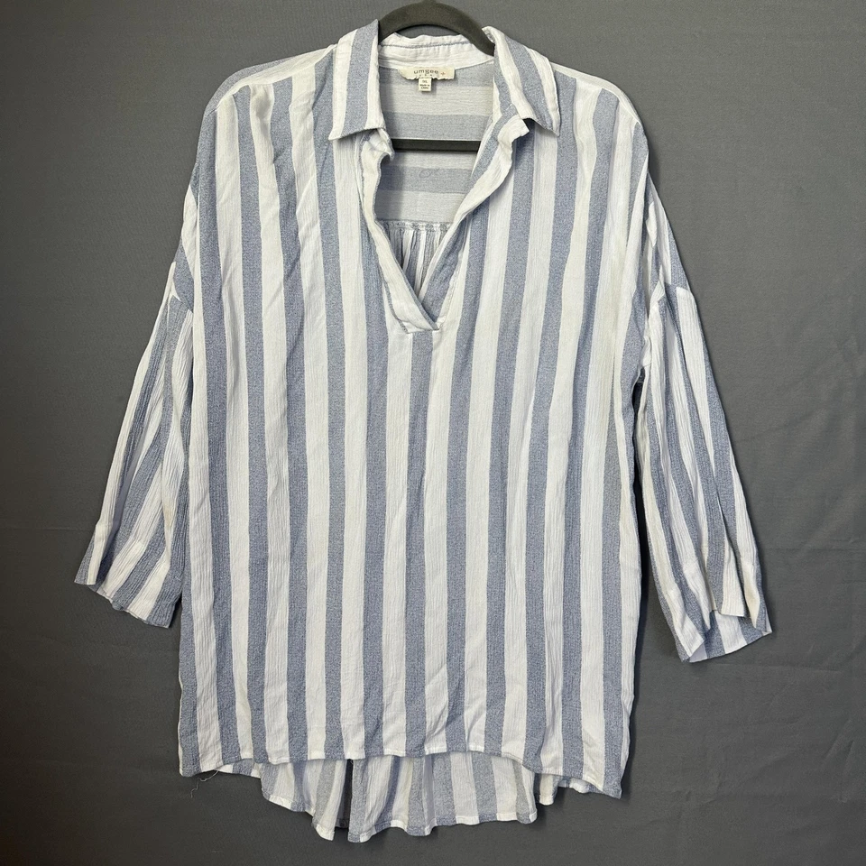 Umgee USA Shirt Womens 1XL Blue White Striped V-Neck 3/4 Sleeve Tunic Crinkle - Image 1 of 4